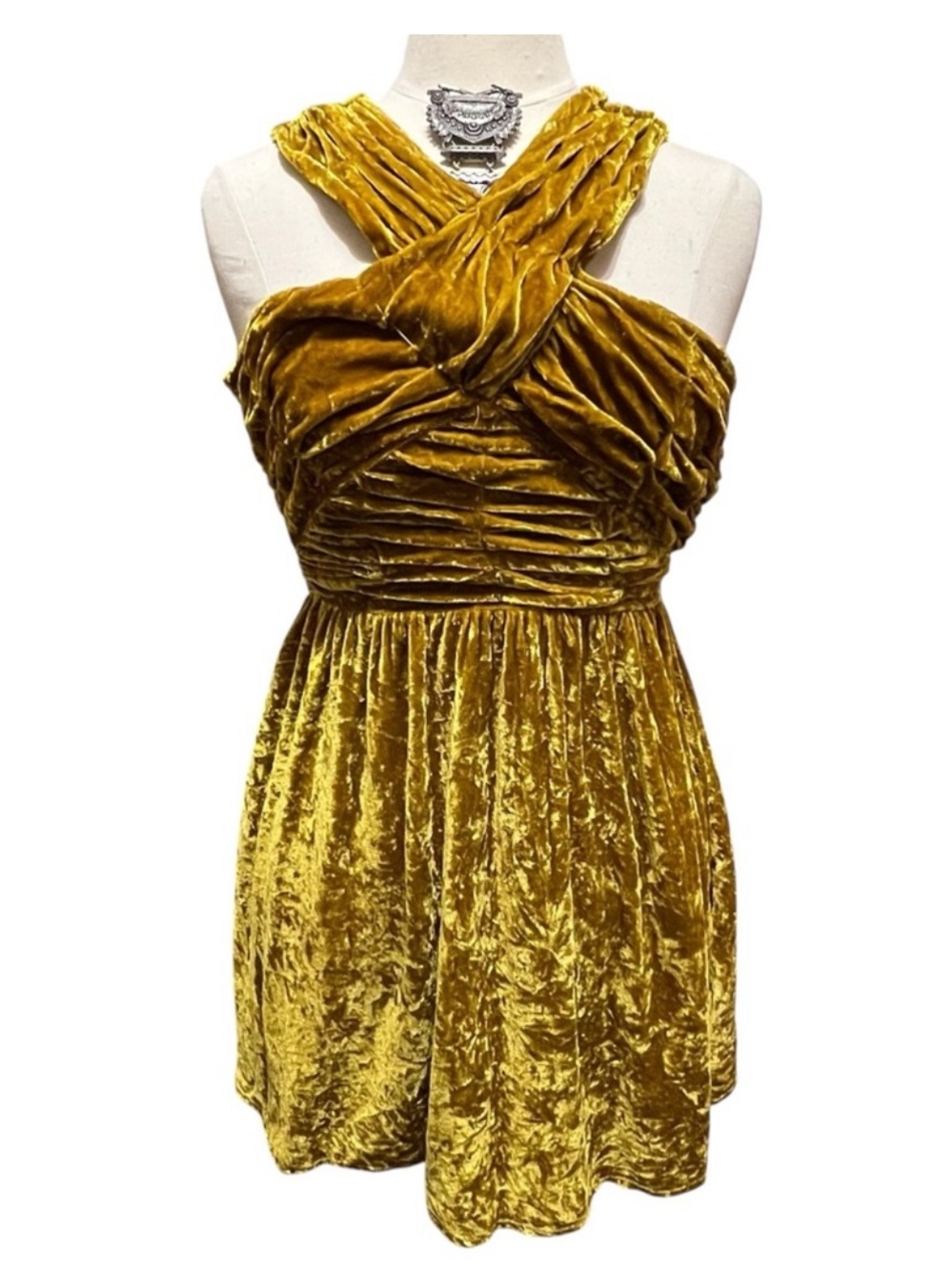 Topshop Mustard Crushed Velvet Mini Dress Size 6 - Picture 6 of 10